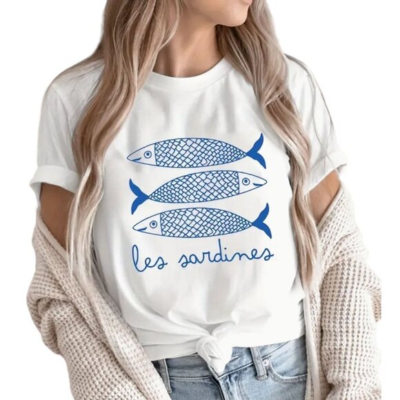 NWT Les Sardines Graphic Print T Shirt w/4 Matching Tapas Plates - Picture 2 of 9